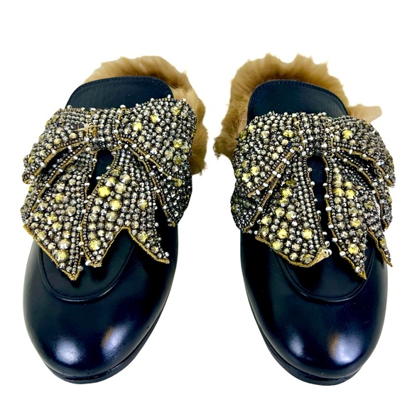 GUCCI PRINCETOWN BLACK LEATHER MULE SLIPPERS WITH CRYSTAL EMBELLISHMENTS - Picture 2 of 8